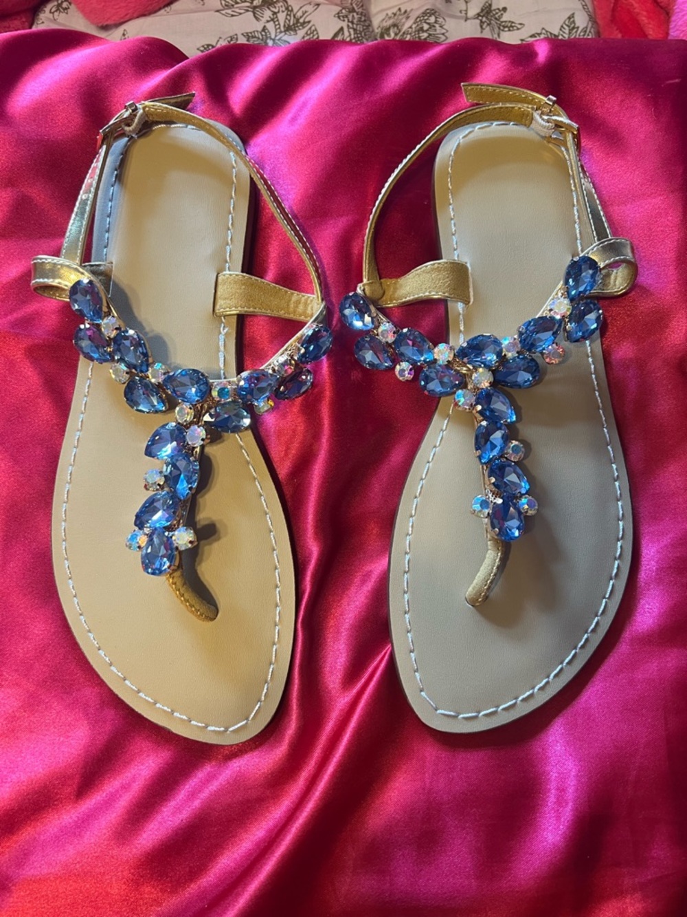 Source Unknown Gold Sandals with Blue Crystal Accents